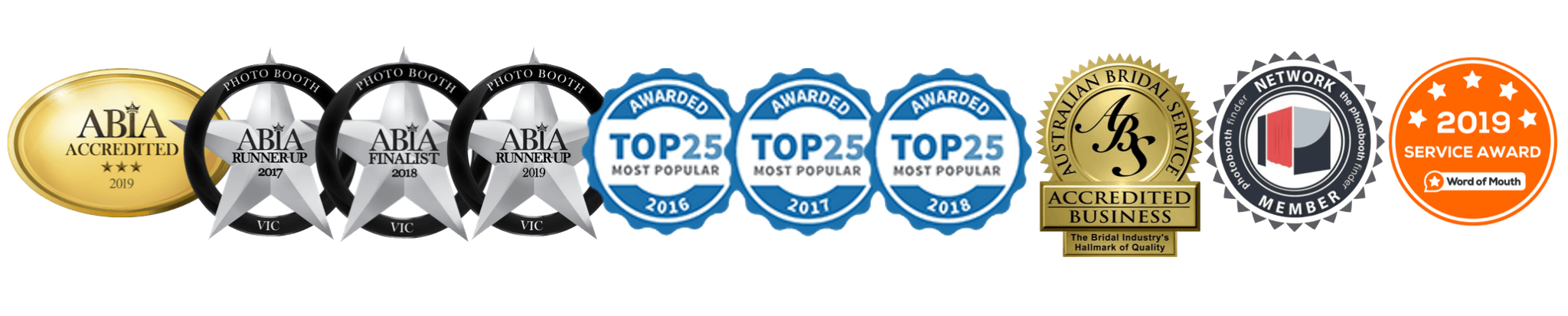 One Click Events Awards - ABIA Finalist 2024, Best Photo Booth Melbourne Event Awards 2023, Easy Weddings Certified Vendor 2024, 5.0 Stars on Google with 500+ Reviews